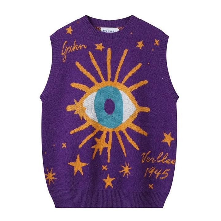 Lunaria Women Sweater Purple / M Carmen Evil Eyes Printed Intarsia Sweater Vest