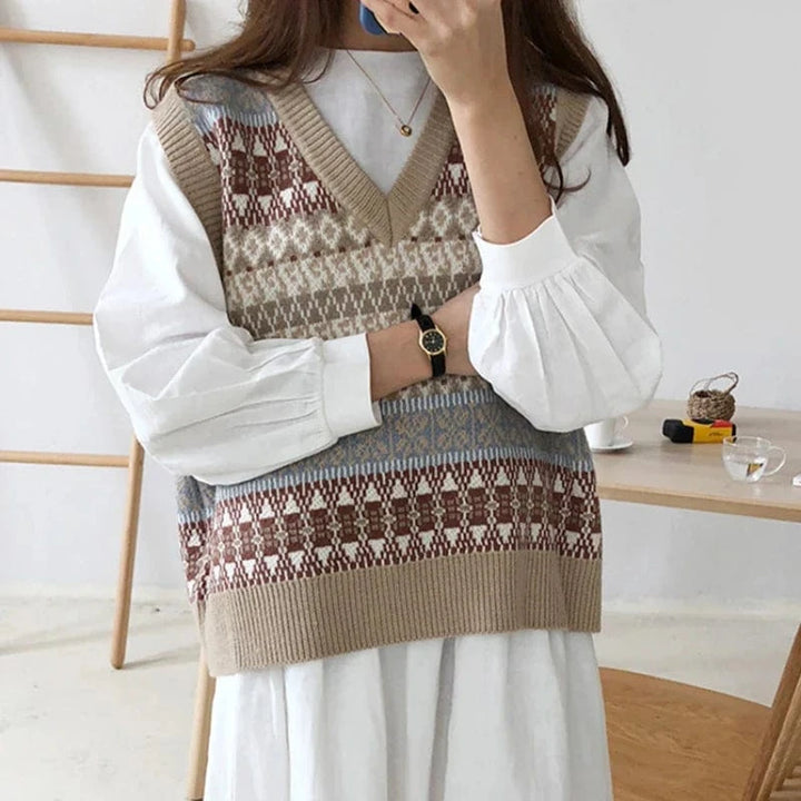 Lunaria Women Vest Apricot / S Linda Vintage Fair Isle Knitted Vest