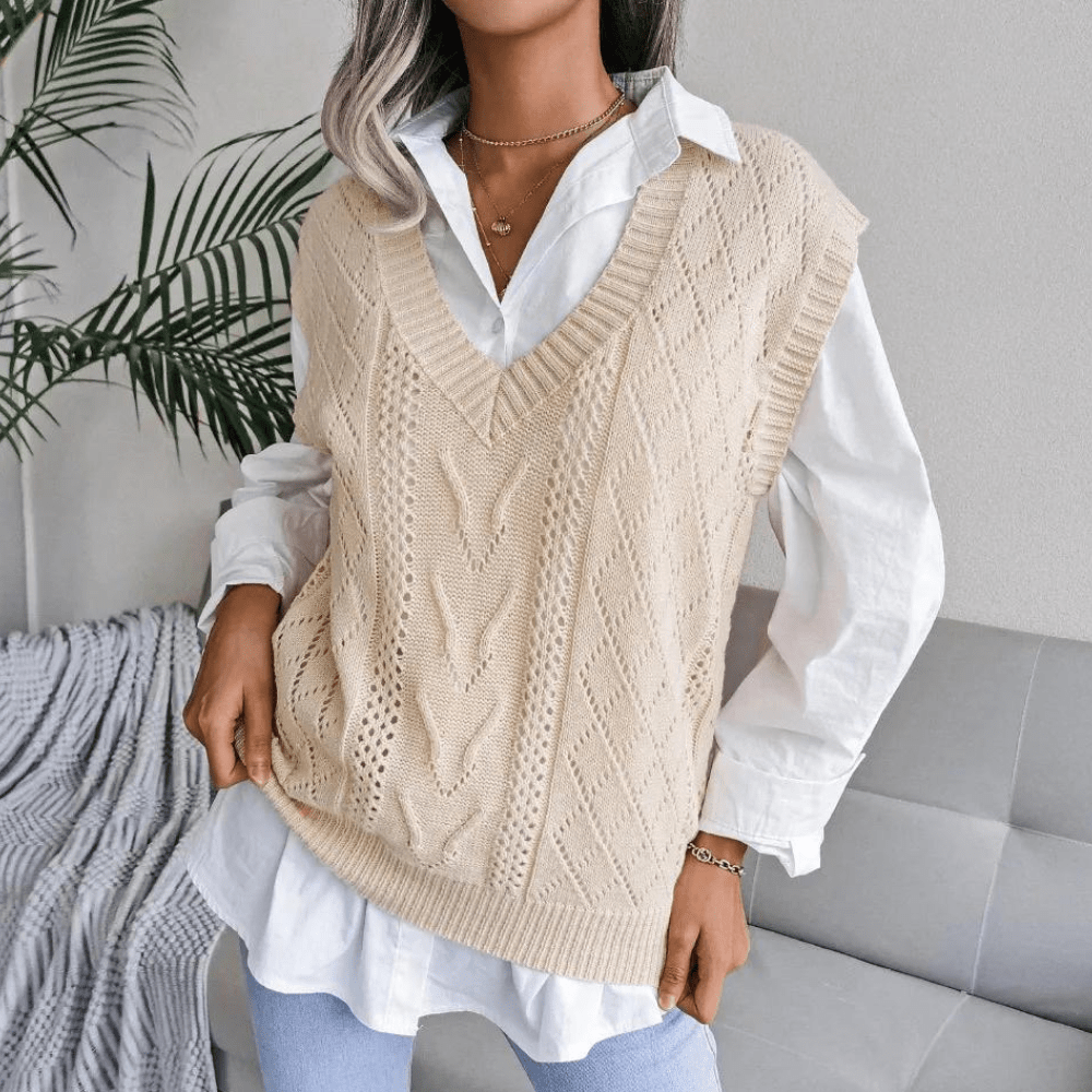 Lunaria Women Vest Apricots / XS Ruth Sleeveless Cable Knit V Neck Classic Sweater Vest