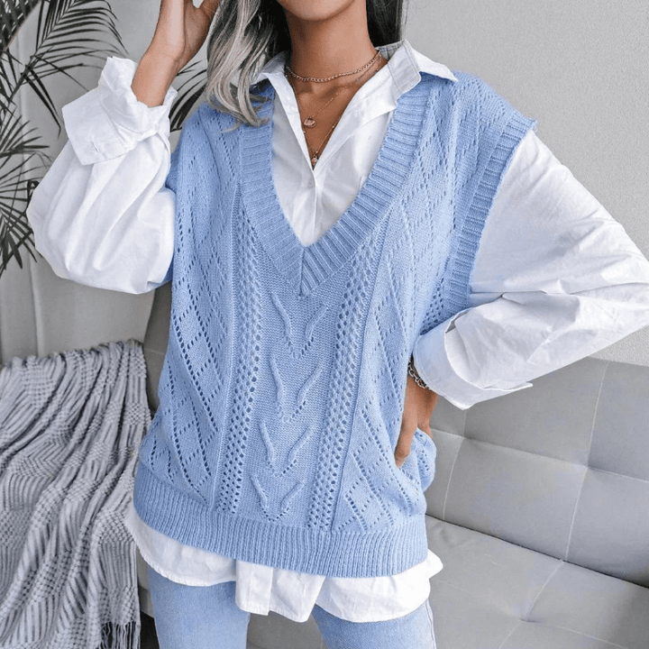 Lunaria Women Vest blue / XS Ruth Sleeveless Cable Knit V Neck Classic Sweater Vest