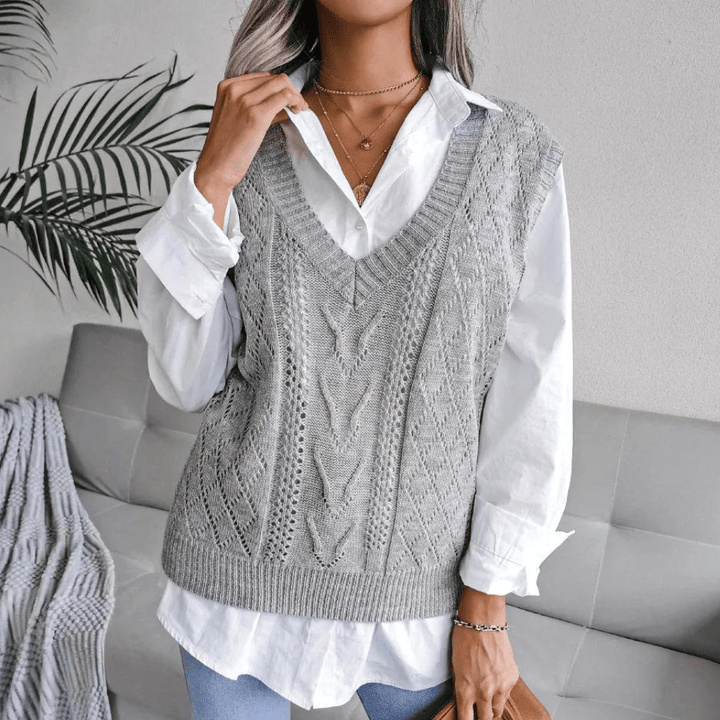 Lunaria Women Vest grey / XS Ruth Sleeveless Cable Knit V Neck Classic Sweater Vest