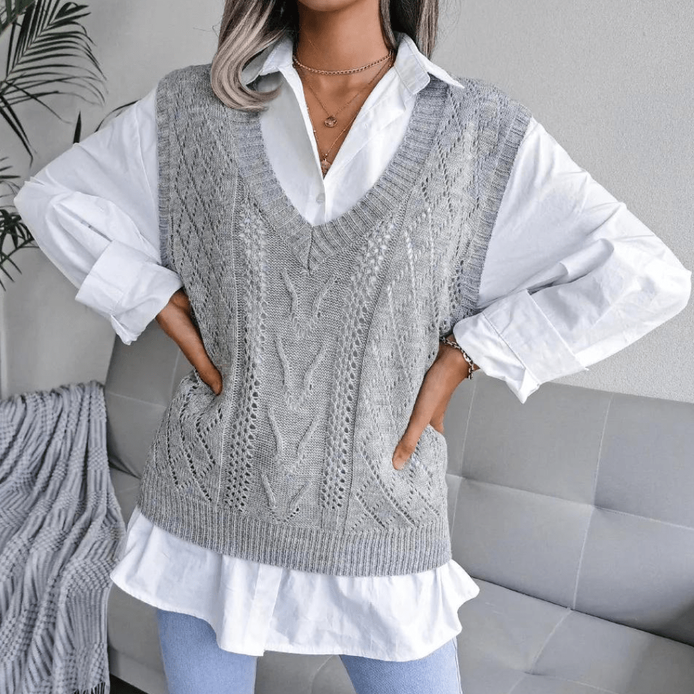 Lunaria Women Vest Ruth Sleeveless Cable Knit V Neck Classic Sweater Vest