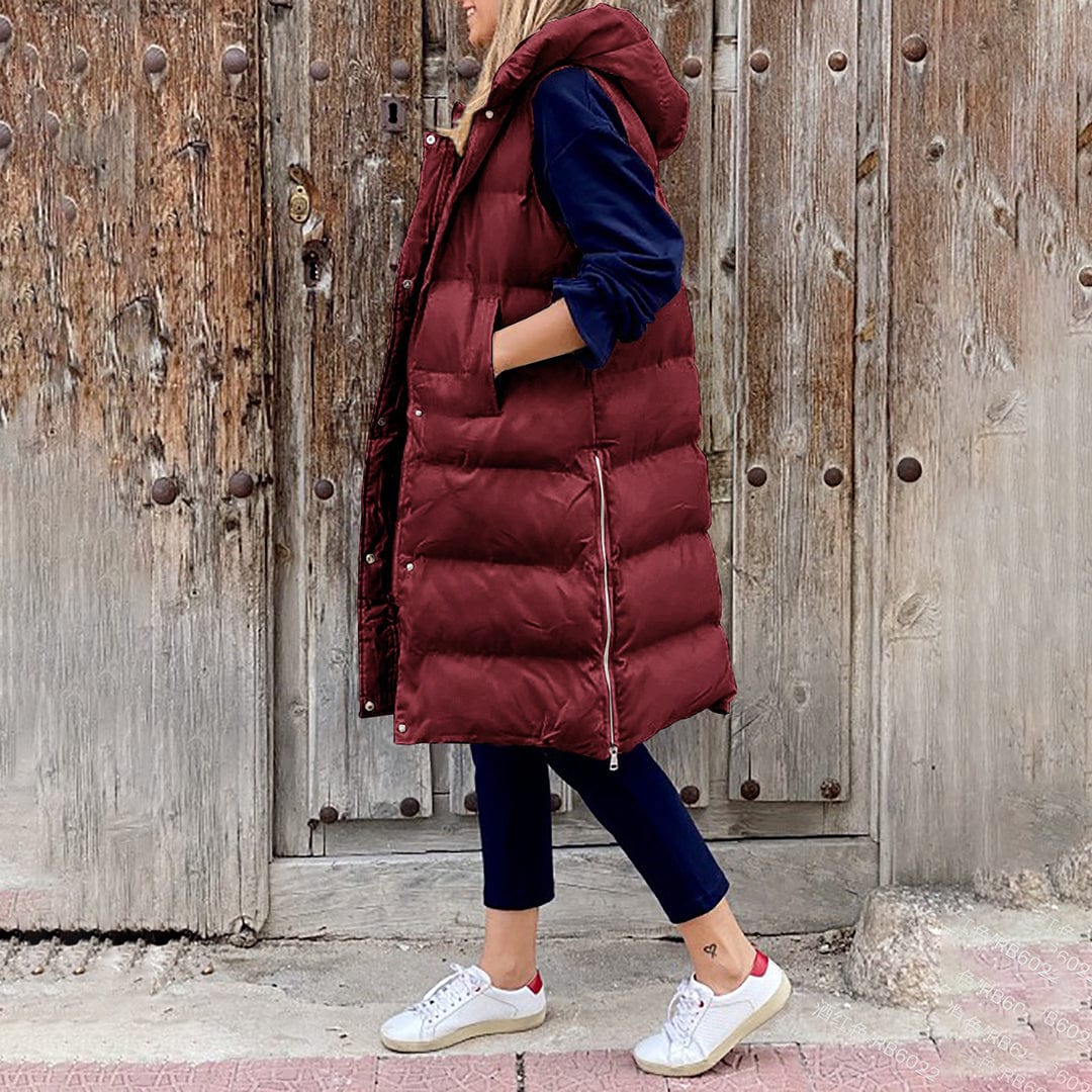 Lunaria Women Vest Wine Red / S Julie Women Long Puffer Vest With Hood